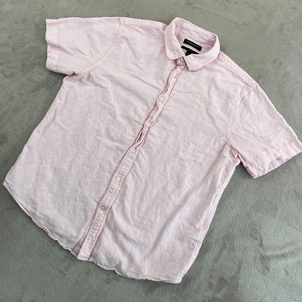 Banana Republic Slim Fit Shirt‎ Men Large Pink Linen Blend Short Sleeve Vacation